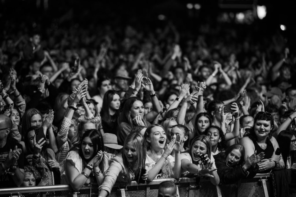 The crowd from the stage, in black and white