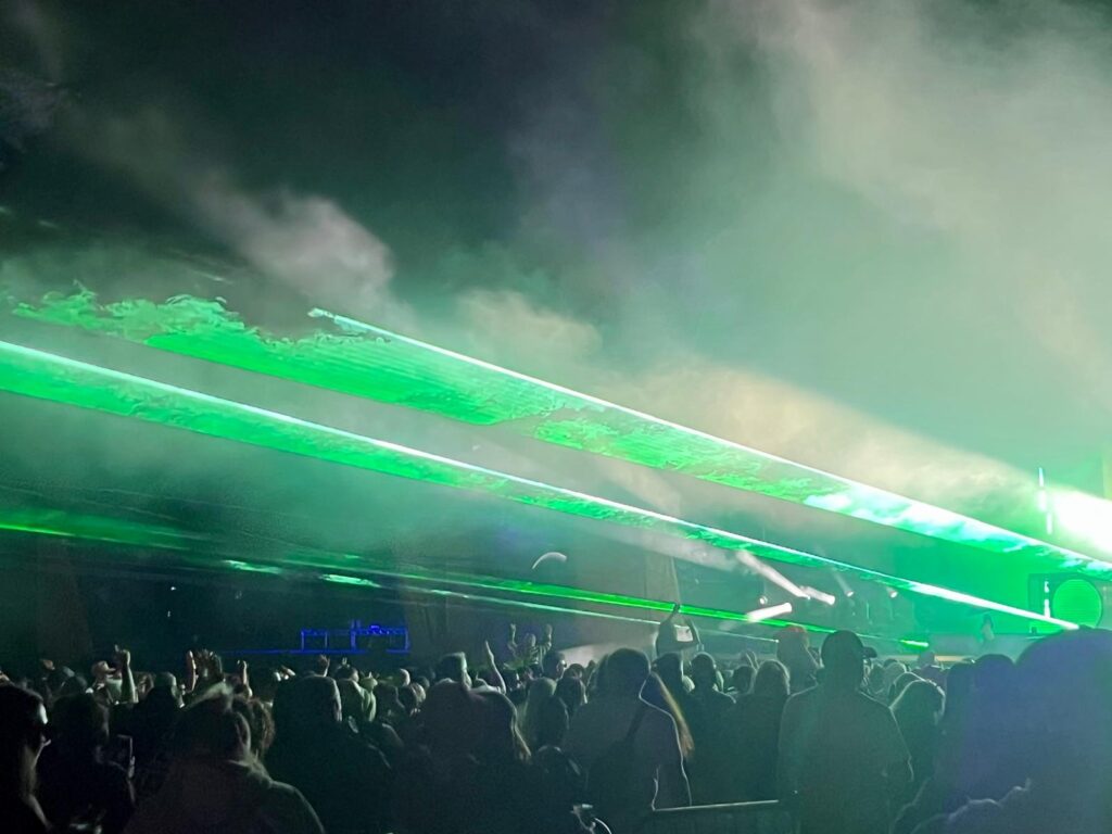 Gold confetti falling over the stage lights